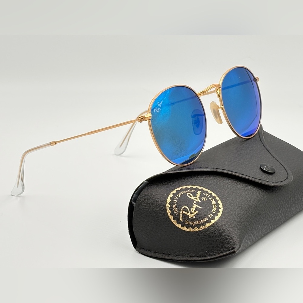 Ray-Ban Lennon Sunglasses RB3447 Round Classic Gold Frame Blue Flash Mirror - Picture 5 of 15